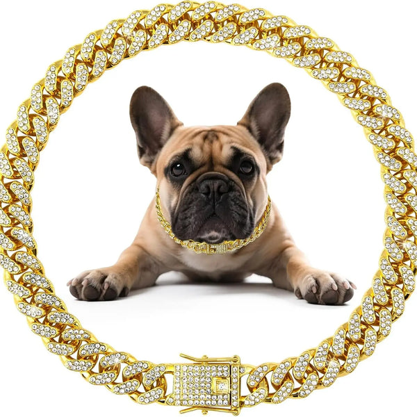 Diamond Dog Chain Collar with Secure Buckle - Cuban Style Metal Necklace for Small, Medium, and Large Dogs and Cats